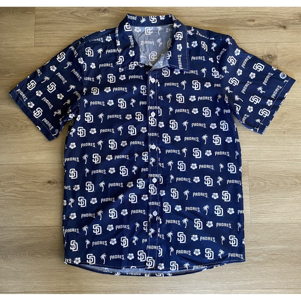 San Diego Padres Men M MLB Hawaiian Shirt Navy Palm Floral Button Up